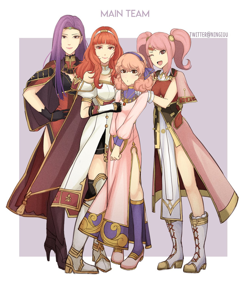 armor cape celica_(fire_emblem) cloak curly_hair fire_emblem fire_emblem_echoes:_mou_hitori_no_eiyuuou fire_emblem_heroes gloves highres jenny_(fire_emblem) kyou_(ningiou) looking_at_viewer mae_(fire_emblem) multiple_girls pink_hair purple_hair red_hair simple_background smile sonia_(fire_emblem_gaiden) thighhighs twintails