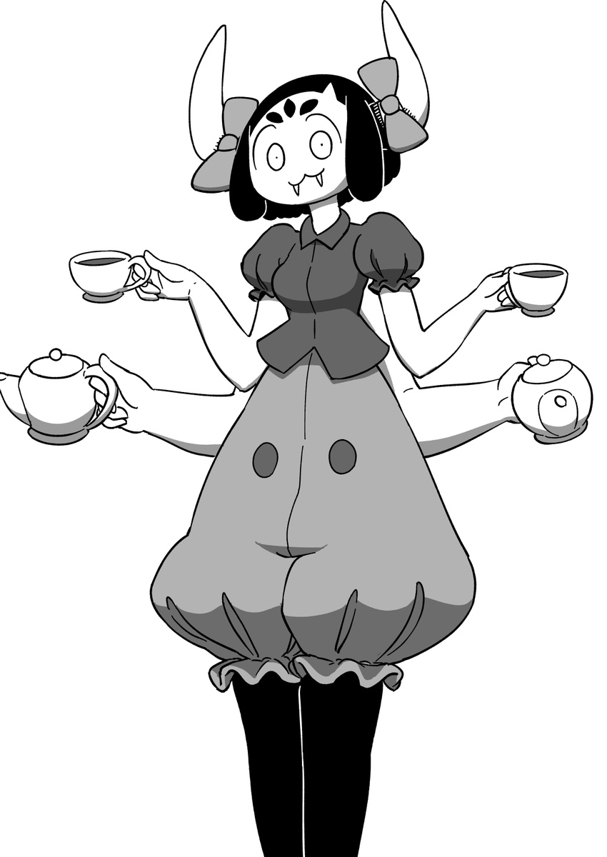 :3 animal_humanoid black_and_white breasts cosplay cup fangs female hair hair_bow hair_ribbon horn humanoid monochrome muffet multi_arm multi_limb o-den ribbons smile solo tea_cup tea_pot undertale ushi-oni ushioni-chan video_games