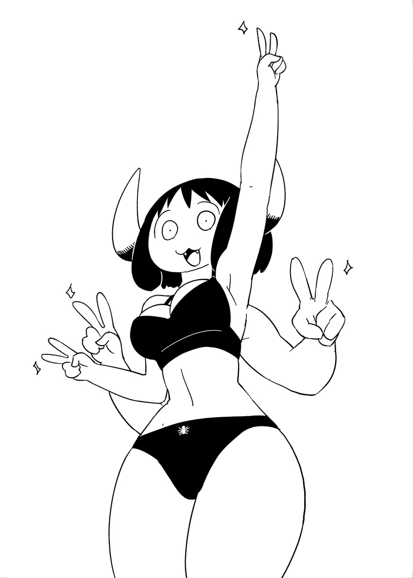 animal_humanoid black_and_white breasts cleavage clothed clothing fangs female hair horn humanoid monochrome multi_arm multi_limb o-den open_mouth solo underwear ushi-oni ushioni-chan v_sign