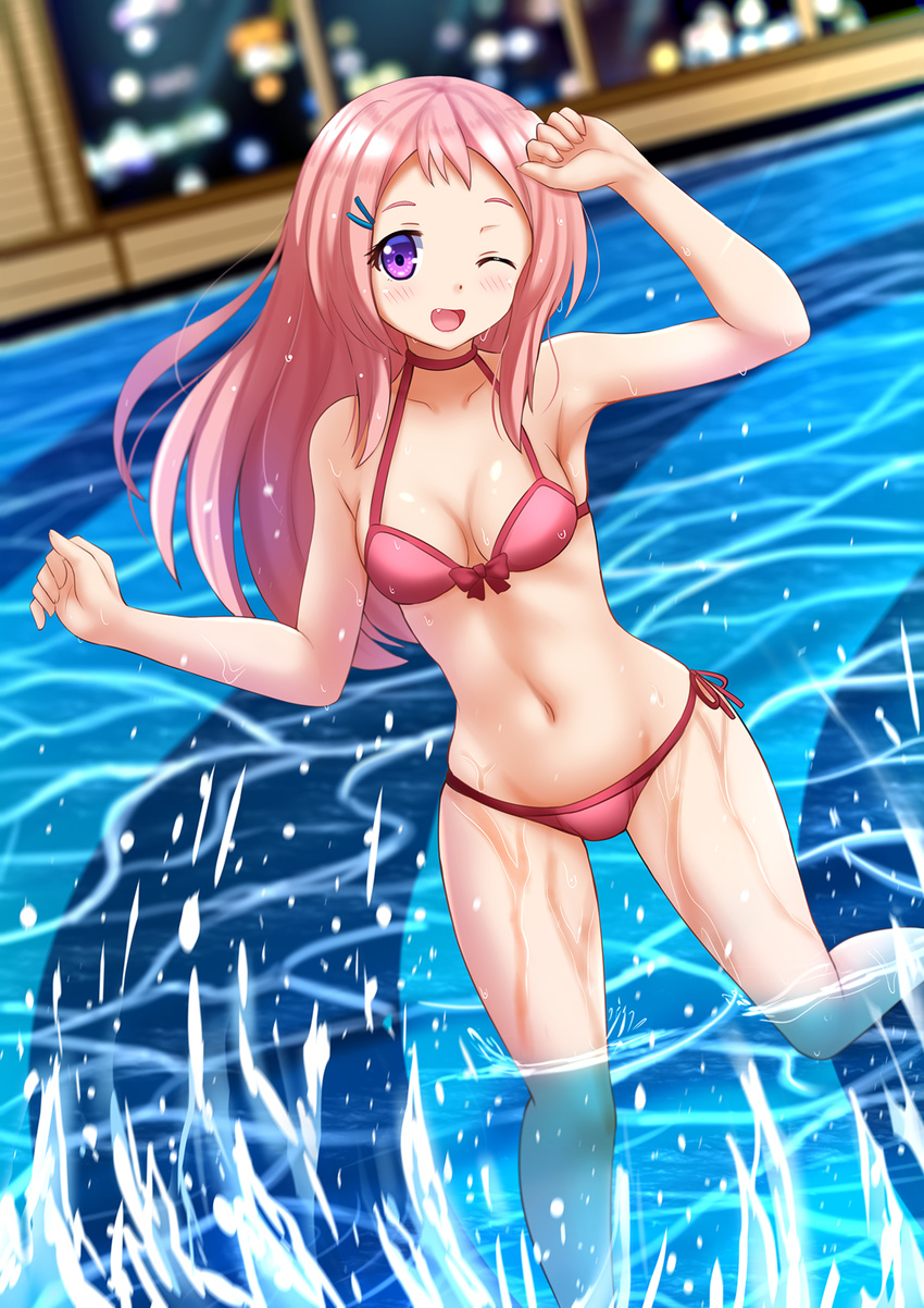 ;d aguri_(gamers!) bikini blurry blurry_background breasts commentary_request fang gamers! hair_ornament hairclip highres kazenokaze long_hair looking_at_viewer medium_breasts navel one_eye_closed open_mouth pink_bikini pink_hair pool purple_eyes side-tie_bikini smile solo splashing standing standing_on_one_leg swimsuit wading water water_drop