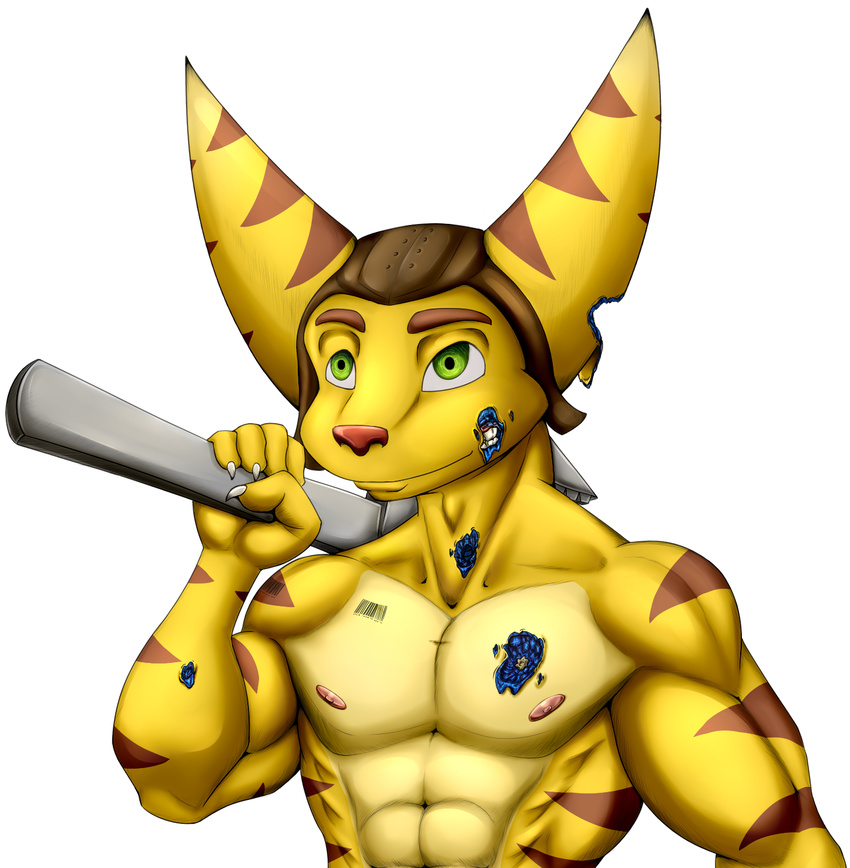 abs android anthro barcode biceps claws damage green_eyes hat libra-11 lombax machine male muscular muscular_male nails pecs ratchet ratchet_and_clank robot robotic_reveal simple_background smile solo stripes tattoo teeth tools video_games white_background wrench