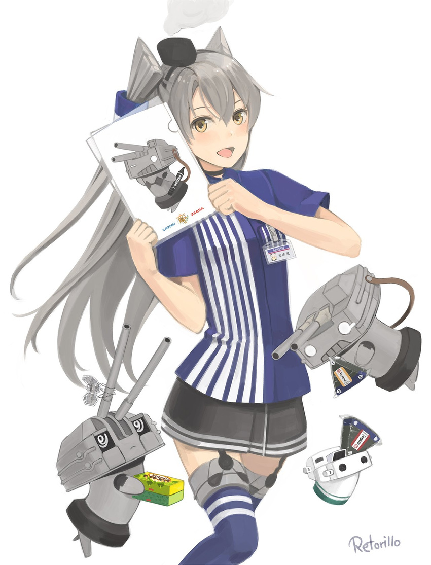 :d alternate_costume amatsukaze_(kantai_collection) artist_name blue_shirt brown_eyes chou-10cm-hou-chan_(hatsuzuki's) clear_file folder food garter_straps highres kantai_collection kinoko_no_yama lawson long_hair looking_at_viewer name_tag onigiri open_mouth rensouhou-kun retorillo shirt silver_hair smile striped striped_legwear thighhighs two_side_up