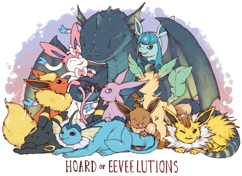 2016 ambiguous_gender annoyed brown_fur canine digital_drawing_(artwork) digital_media_(artwork) dragon eevee eeveelution english_text espeon eyes_closed feral flareon front_view fur glaceon green_fur group hoard iguanamouth jolteon leafeon lying mammal membranous_wings nintendo nuzzling on_front on_haunches orange_fur pink_fur pok&eacute;mon purple_fur quadruped scalie signature simple_background sitting smile spread_wings sylveon tan_fur text tongue tongue_out umbreon vaporeon video_games white_fur wings yellow_fur