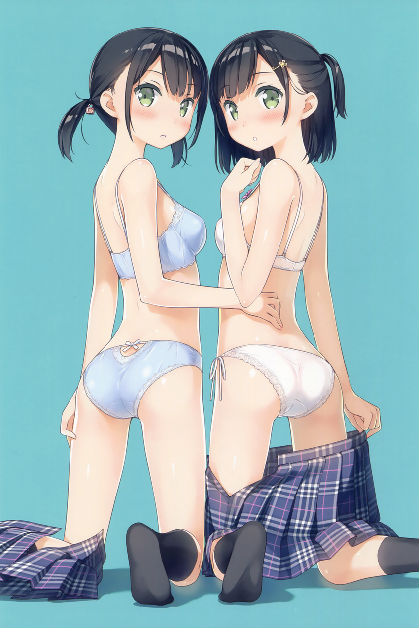 absurdres akemi_(kantoku) arm_at_side ass back bare_arms bare_shoulders black_hair black_legwear blue_bra blue_panties blush bow bow_bra bow_panties bra breasts cropped from_behind green_eyes hair_ornament hairclip hand_on_another's_back hand_up highres himeru_(kantoku) kantoku key_hair_ornament kneehighs kneeling lingerie lock_hair_ornament looking_at_viewer looking_back multiple_girls no_shoes non-web_source open_mouth original panties parted_lips pink_bow scan short_hair short_ponytail short_twintails shoulder_blush side-tie_panties skirt skirt_around_ankles skirt_around_one_leg small_breasts twintails underwear underwear_only white_bow white_bra white_panties