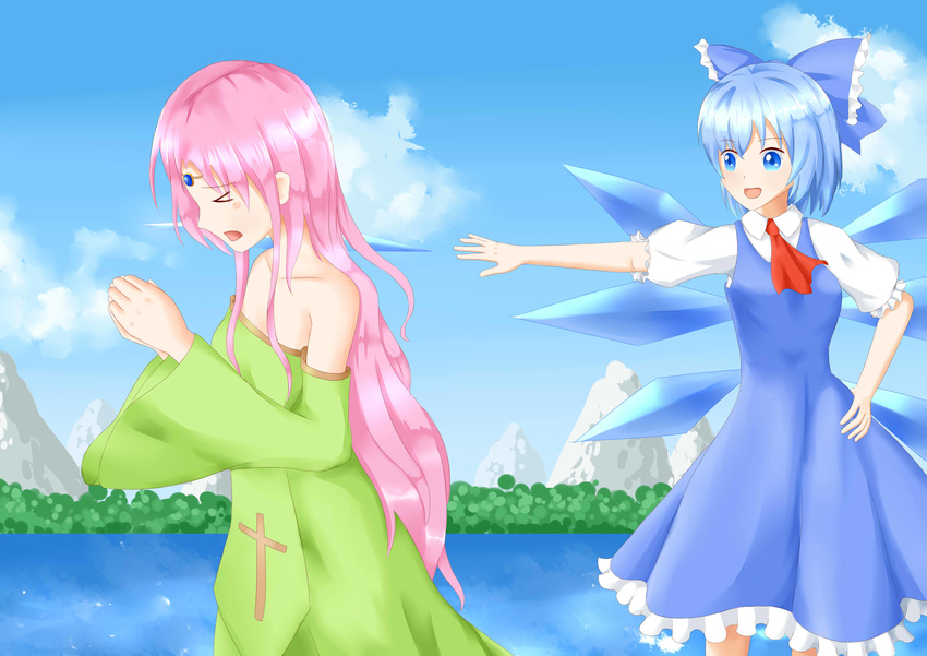 absurdres bangs blue_bow blue_dress blue_eyes blue_hair blue_sky bow cirno closed_eyes cloud collared_shirt cross day dress eyebrows eyebrows_visible_through_hair frilled_bow frilled_dress frilled_sleeves frills gameplay_mechanics hair_bow highres ice ice_wings liebea_palesch long_hair multiple_girls open_mouth outdoors pink_hair puffy_short_sleeves puffy_sleeves red_ribbon ribbon rosenkreuzstilette shirt short_hair short_sleeves sky touhou weather-man wide_sleeves wings