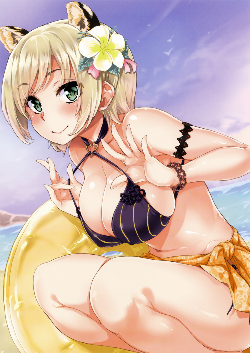 absurdres animal_ears arima_jin armlet bangs bare_legs bare_shoulders beach bikini bird blonde_hair blush bracelet breasts cleavage closed_mouth cloud collarbone cropped day eyebrows_visible_through_hair fingernails flower green_eyes groin hair_flower hair_ornament hands_up highres innertube jewelry large_breasts legs looking_at_viewer navel non-web_source o-ring o-ring_bikini o-ring_top original outdoors pink_lips pulled_by_self red_bikini sarong scan side-tie_bikini smile solo squatting strap_pull striped swimsuit tiger_ears toranoana vertical-striped_bikini vertical_stripes water
