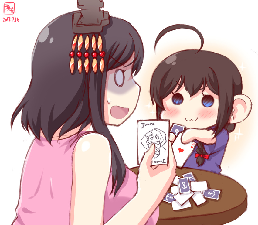 :3 ahoge alternate_costume artist_logo black_hair blue_eyes braid card casual commentary_request dated hair_over_shoulder headgear highres joker kanon_(kurogane_knights) kantai_collection long_hair multiple_girls old_maid playing_card playing_games re-class_battleship shaded_face shigure_(kantai_collection) short_hair signature single_braid solid_circle_eyes surprised table yamashiro_(kantai_collection)