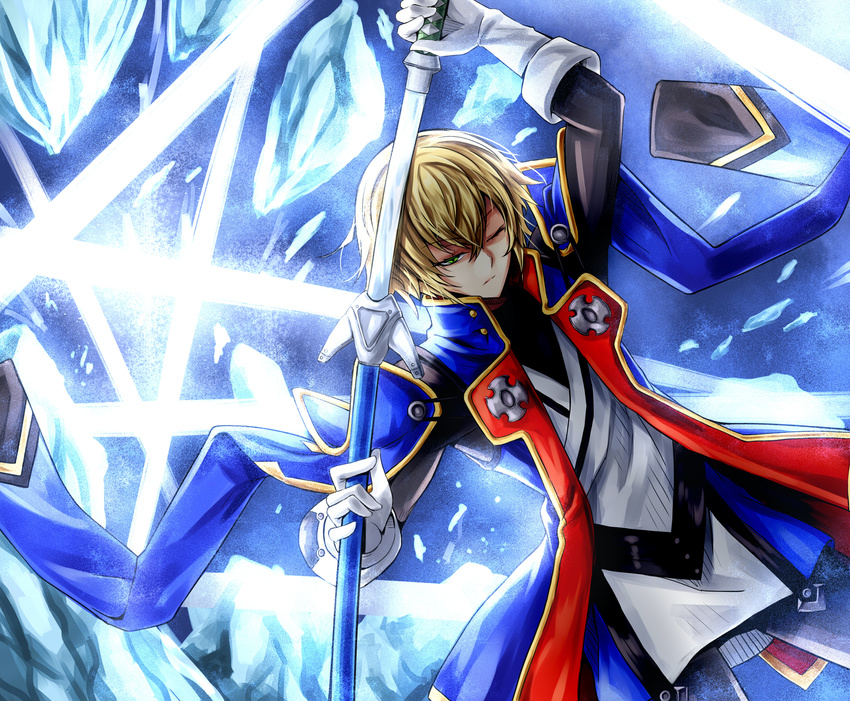 absurdres blazblue blazblue:_calamity_trigger blazblue:_central_fiction blazblue:_chronophantasma blazblue:_continuum_shift blonde_hair glacier green_eyes highres holding holding_sword holding_weapon ice jacket jin_kisaragi karadborg katana looking_at_viewer male_focus sheath solo sword unsheathing weapon