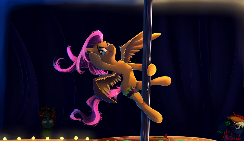 2017 dancing equine feathered_wings feathers female fluttershy_(mlp) friendship_is_magic group hair horn long_hair mammal miokomata money multicolored_hair my_little_pony pegasus pole pole_dancing smile solo_focus unicorn wings