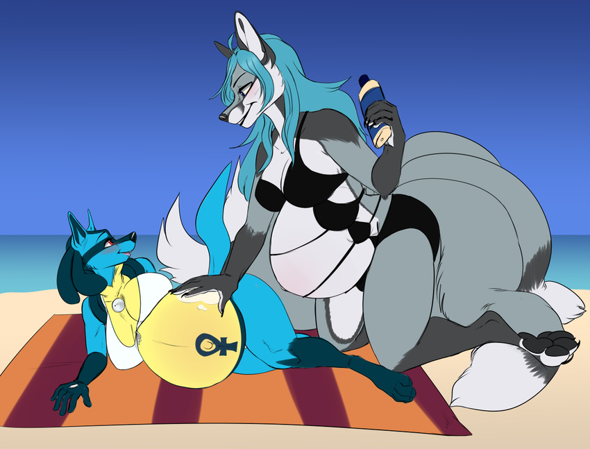 aleu_moonshadow ankh anthro beach blue_hair breasts butt canine clothing female fox fur grey_fur hair laksmi long_hair lotion lucario mammal multi_breast multi_tail nintendo pok&eacute;mon pregnant sea seaside video_games water