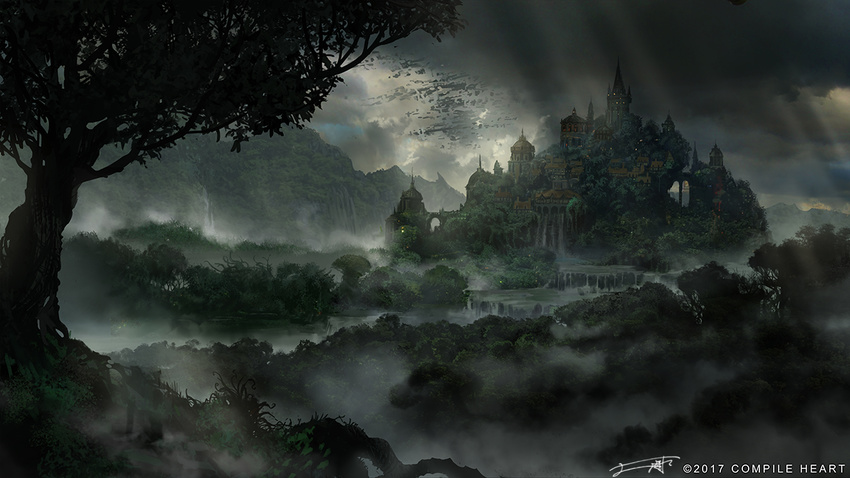 bridge city cloud cloudy_sky commentary concept_art copyright_name dark death_end_re;quest depth_of_field fantasy fog forest landscape light_rays mountain nature no_humans original scenery signature sky tree water waterfall you_shimizu