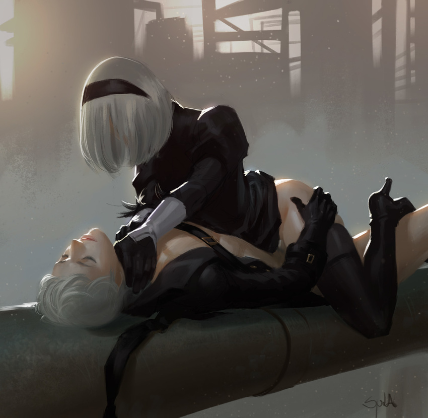 1girl asphyxiation black_legwear boots bottomless choker clothed_sex couple cowgirl_position feather-trimmed_sleeves femdom girl_on_top hair_over_face hairband hetero high_heel_boots high_heels highres nier_(series) nier_automata open_clothes penis sex short_hair silver_hair straddling strangling thighhighs ursula_dorada vaginal yorha_no._2_type_b yorha_no._9_type_s
