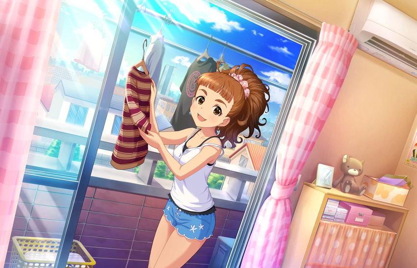 blush brown_eyes brown_hair dress idolmaster idolmaster_cinderella_girls idolmaster_cinderella_girls_starlight_stage long_hair ohnishi_yuriko ponytail shorts sky smiel window