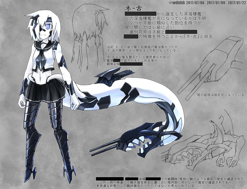 alternate_costume armor armored_boots blue_eyes boots censored_text character_sheet commentary_request flat_chest hair_over_one_eye high_heel_boots high_heels kantai_collection midriff navel ne-class_heavy_cruiser sailor_collar sailor_shirt shinkaisei-kan shirt short_hair skirt sleeveless slit_pupils solo tail teeth thigh_boots thighhighs translation_request white_hair white_skin wiol_(warm_haut)