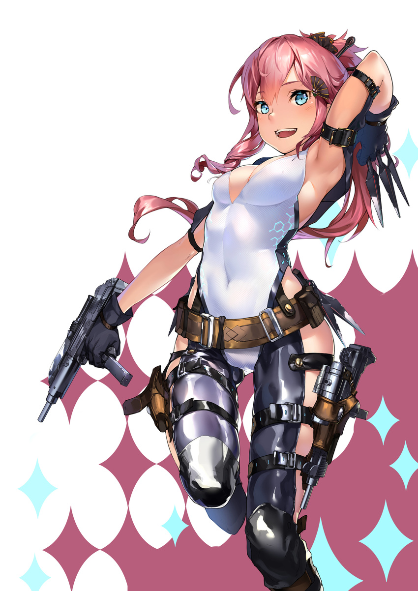 :d absurdres arm_strap arm_up armpits black_gloves black_legwear blue_eyes breasts cleavage copyright_request covered_navel dual_wielding gloves gun hair_ornament hair_stick highres holding holster juesnow kunai leotard long_hair looking_at_viewer medium_breasts open_mouth pink_hair ponytail sidelocks simple_background smile solo standing standing_on_one_leg submachine_gun thigh_holster thigh_strap weapon