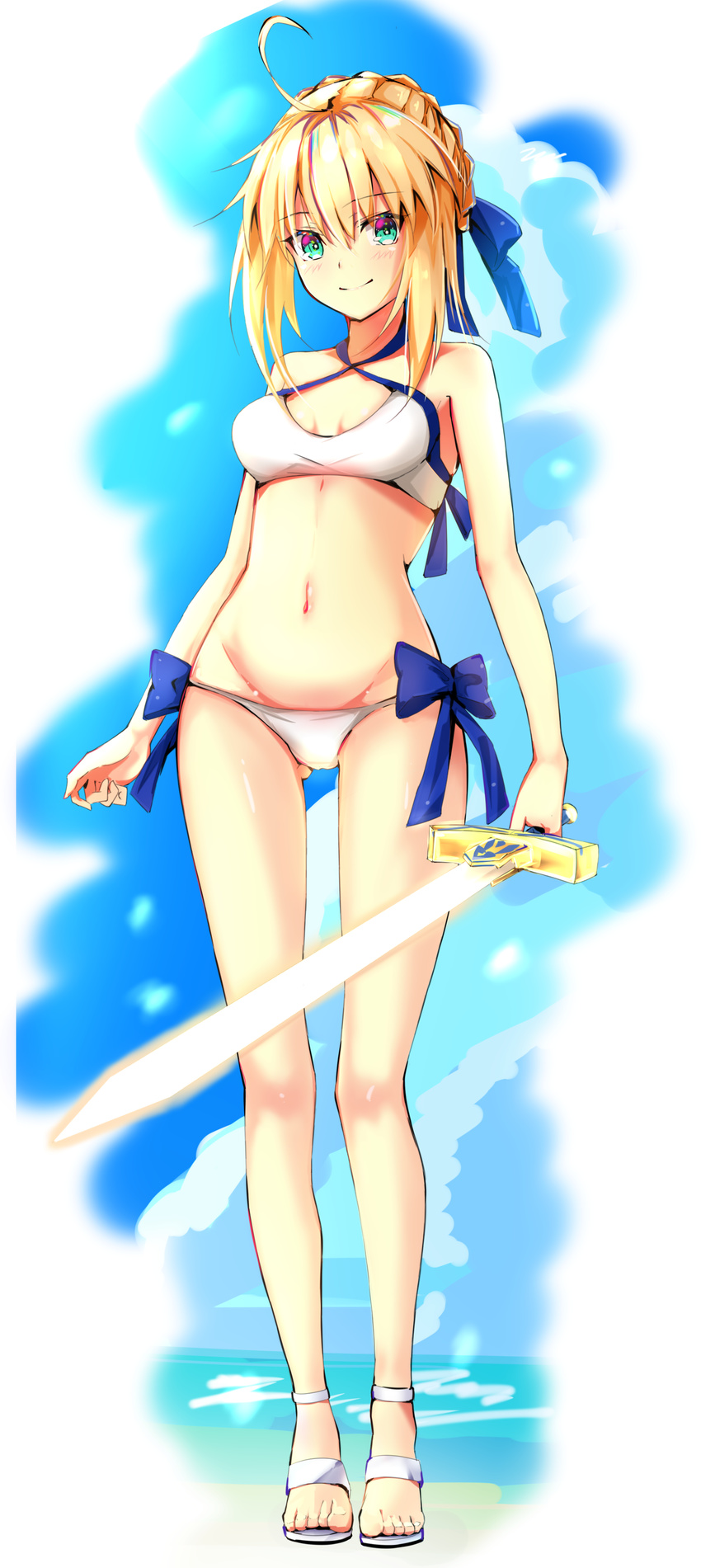absurdres artoria_pendragon_(all) blonde_hair blue_ribbon blush breasts cleavage closed_mouth eyebrows_visible_through_hair fate/grand_order fate_(series) full_body green_eyes hair_ribbon highres holding holding_sword holding_weapon looking_at_viewer medium_breasts navel ribbon saber short_hair smile solo sword weapon yuchio