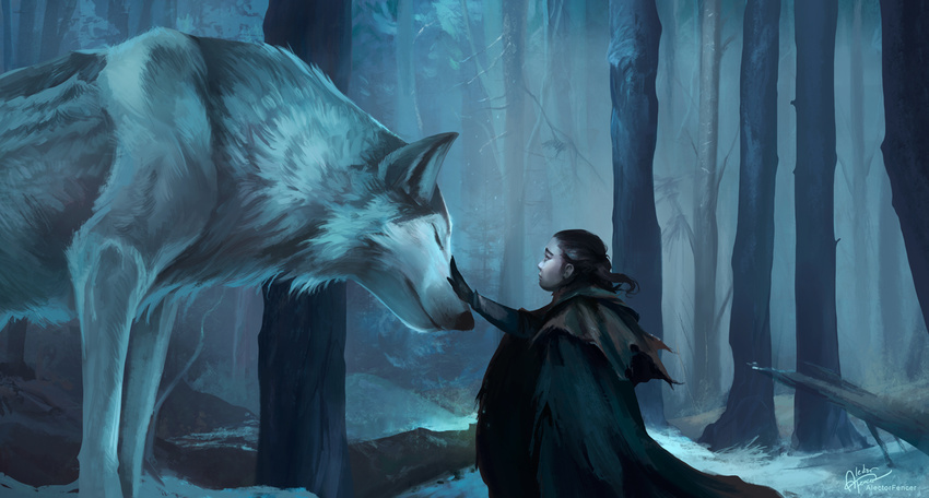 alectorfencer arya_stark black_nose canine clothed clothing day detailed_background duo eyes_closed forest fur game_of_thrones human mammal outside tree wolf