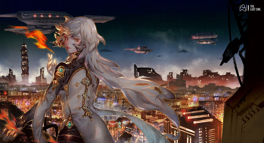 aircraft airship bad_id bad_pixiv_id blurry brown_eyes building city city_lights cityscape dark depth_of_field fantasy fire fori lipstick long_hair looking_at_viewer magic makeup night original science_fiction sky skyscraper solo upper_body white_hair