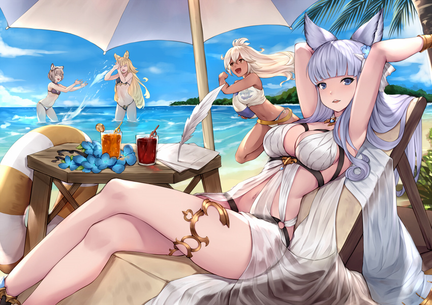 :d ahoge animal_ears arms_up ball bangs beach beach_umbrella beachball bikini black_bikini blonde_hair blue_eyes blunt_bangs bracelet breasts chair cleavage closed_eyes cloud commentary crazy_straw crossed_legs cup dark_skin day drink drinking_glass drinking_straw erune flower granblue_fantasy grey_hair hair_ornament innertube jewelry korwa large_breasts long_hair looking_at_viewer lounge_chair metera_(granblue_fantasy) multiple_girls navel ocean open_mouth outdoors pak_ce palm_tree papers quill red_eyes running sand short_hair side-tie_bikini silver_hair sitting sky smile splashing sutera_(granblue_fantasy) swimsuit thighlet tree umbrella wading water white_bikini white_hair zooey_(granblue_fantasy)