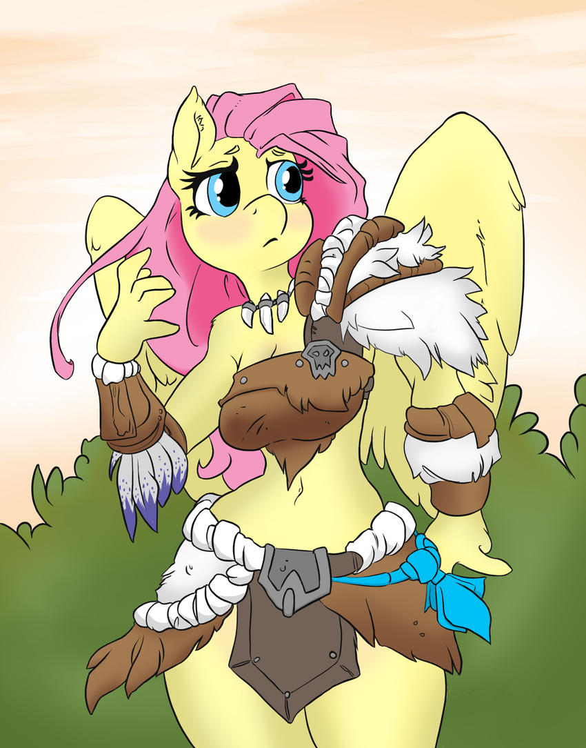 anthro anthrofied atryl barbarian clothed clothing colored digital_media_(artwork) edit equine feathered_wings feathers female fluttershy_(mlp) friendship_is_magic furs hair horse loincloth long_hair mammal mrponeswildride my_little_pony pegasus pink_hair pony simple_background solo wings