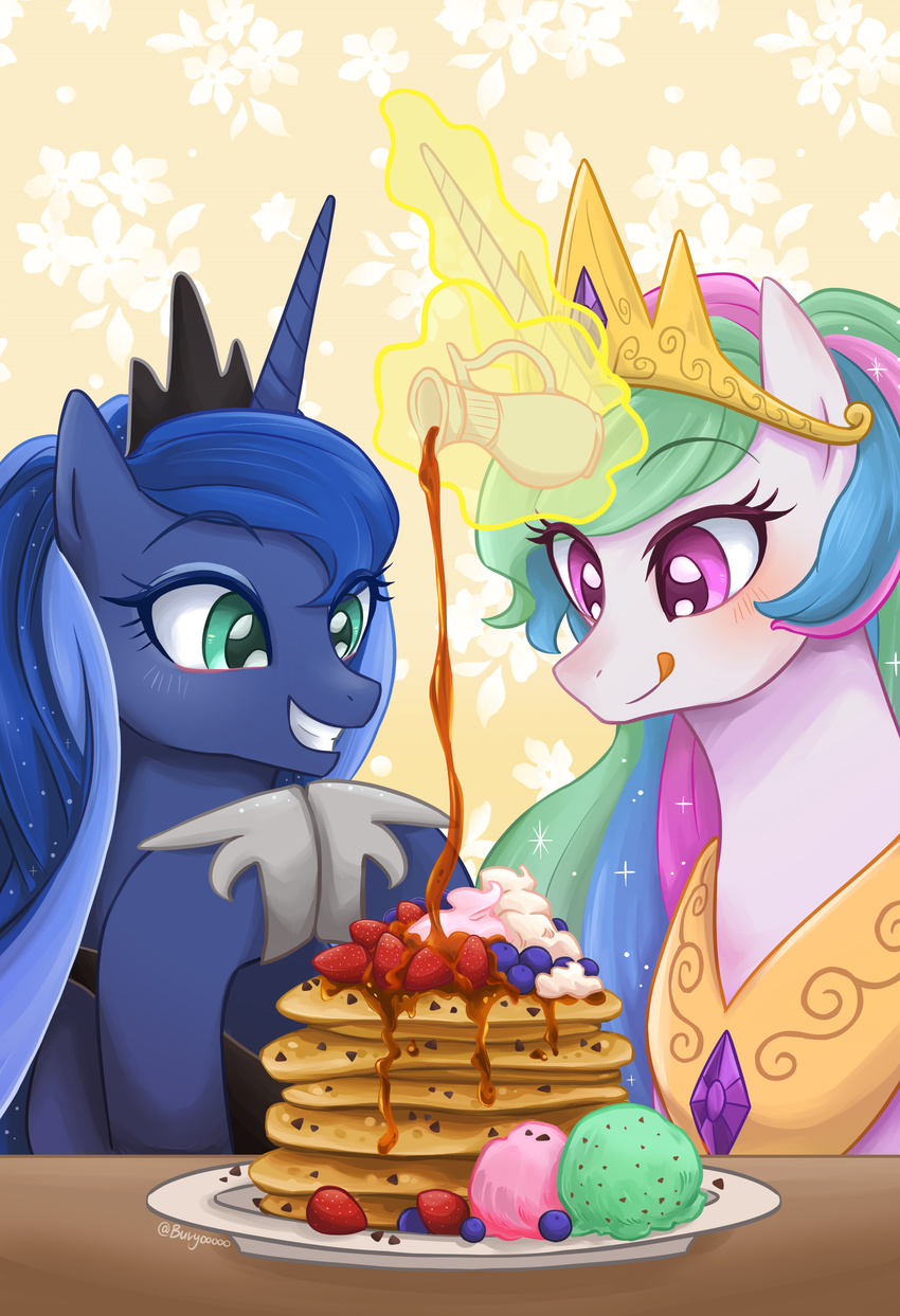 2017 blue_eyes blush buryooooo crown duo equine female feral food friendship_is_magic grin hair hi_res horn jewelry long_hair magic mammal multicolored_hair my_little_pony necklace pancake princess_celestia_(mlp) princess_luna_(mlp) royalty sibling sisters smile tongue tongue_out unicorn