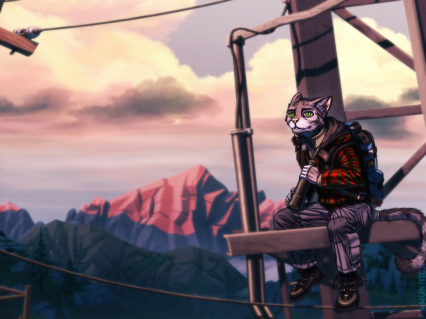 2017 5_fingers anthro backpack biped boots cat clothed clothing cloud coat detailed_background digital_media_(artwork) feline fighterjet footwear fur green_eyes male mammal mountain open_mouth outside post-apocalyptic power_lines sitting sky solo sunset tower tree wire