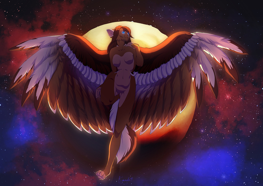 2014 4_toes anthro blue_eyes breasts brown_hair digitigrade feathered_wings feathers featureless_breasts featureless_crotch hair kyander navel nude sky star starry_sky toes wings