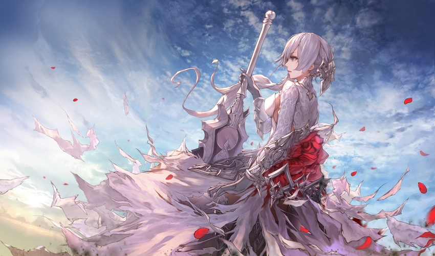 blue_eyes cloud cloudy_sky dress gloves highres holding holding_sword holding_weapon huge_weapon jname long_hair looking_away ponytail sinoalice sky snow_white_(sinoalice) solo sword weapon white_dress white_gloves white_hair