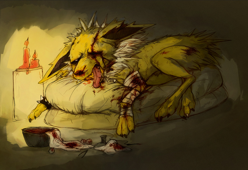 battle blood candle canine cheeselegs claws damage eeveelution electric erebus exhaustion fan_character feral fur gore grumpy healing jolteon male mammal moulting nintendo nrusing pain pok&eacute;mon scared shocking suffering thunder tired video_games wounded