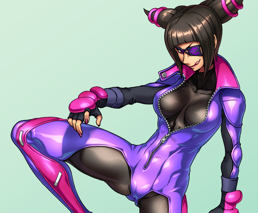 :q aozoraichi aqua_background bangs bodysuit breasts capcom evil_smile eyepatch han_juri large_breasts looking_at_viewer smile solo standing standing_on_one_leg street_fighter street_fighter_v tongue tongue_out upper_body zipper