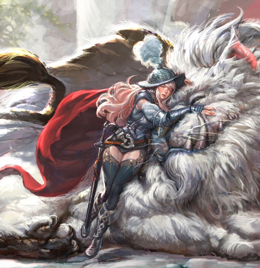 armor belt black_legwear boots cape closed_eyes closed_mouth commentary creature hands_on_another's_face helmet highres kim_junghun knee_boots leaning_to_the_side long_hair lying on_stomach original parted_lips pink_hair red_cape sharp_teeth sheath sheathed sword teeth thighhighs weapon