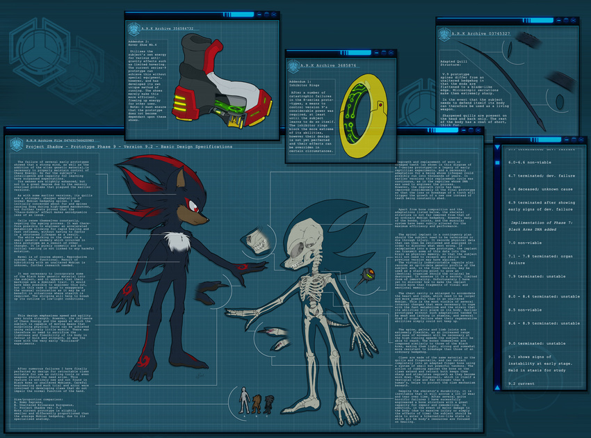anthroified black_fur bone chest_fuzz chest_tuft claws clothing data_sheet english_text fact_sheet footwear fur gloves hedgehog inhibitor_ring internal mammal multiple_images red_eyes red_fur shadow_the_hedgehog shoes skeleton sonic_(series) swirlything tan_fur text tuft white_fur x-ray