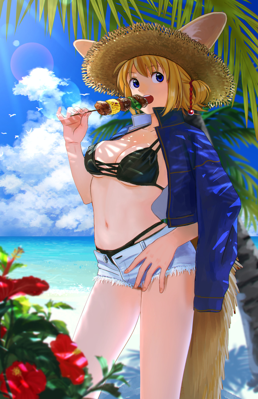 animal_ears bangs beach bikini bird black_bikini blonde_hair blue_eyes blurry breasts cloud commentary contrapposto cowboy_shot cropped_jacket cutoffs dappled_sunlight day denim denim_shorts depth_of_field ears_through_headwear english_commentary eyebrows_visible_through_hair fingernails flower food hair_ornament hair_ribbon hat hibiscus highres holding holding_food jacket jacket_on_shoulders kebab lens_flare light_rays looking_at_viewer medium_breasts mira_(nashigaya_koyomi) nashigaya_koyomi navel ocean one_side_up open_clothes open_fly open_jacket open_mouth original outdoors palm_tree red_ribbon ribbon short_shorts shorts sky solo standing straw_hat summer sun_hat sunbeam sunlight swimsuit tail thighs tree