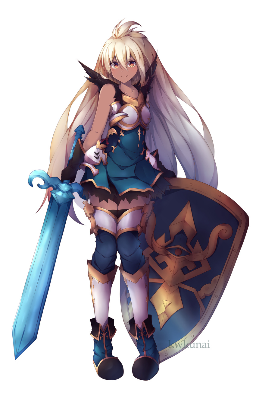 absurdres artist_name black_gloves blonde_hair blue_footwear boots brown_eyes dark_skin gloves granblue_fantasy highres long_hair looking_at_viewer rizalx shield smile solo standing sword thighhighs very_long_hair weapon white_legwear zooey_(granblue_fantasy)