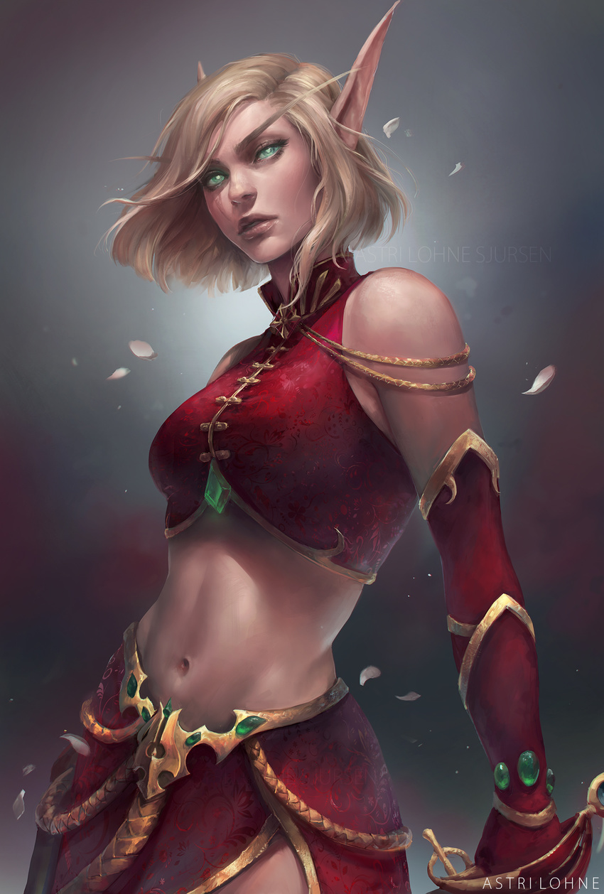 arm_behind_back artist_name astri_lohne_sjursen bare_shoulders blonde_hair blood_elf breasts cowboy_shot dutch_angle elbow_gloves elf facial_mark gem gloves green_eyes head_tilt highres jacket leather leather_gloves leather_jacket long_eyebrows looking_at_viewer medium_breasts navel open_clothes open_mouth parted_lips petals pointy_ears red_gloves red_jacket red_skirt saber_(weapon) short_hair signature skirt solo stomach strap sword warcraft wavy_hair weapon world_of_warcraft