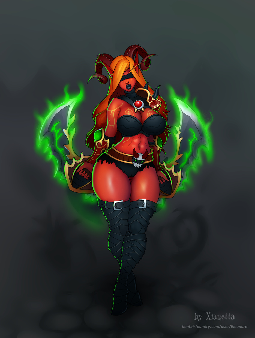 blindfold blood_elf breasts cleavage clothed clothing elf female hair horn humanoid legwear melee_weapon not_furry orange_hair pointy_ears pose skimpy solo thigh_highs video_games warcraft weapon xianetta