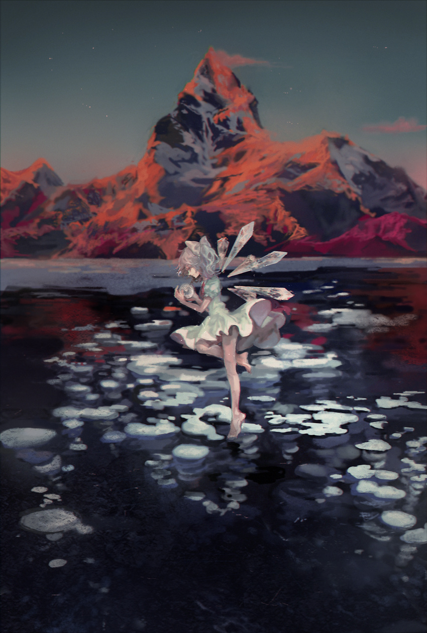 barefoot blue_eyes blue_hair cirno commentary_request dress fairy flying hair_ribbon haiyan highres ice ice_wings lake landscape mountain night night_sky ribbon scenery short_hair sky solo touhou water wings