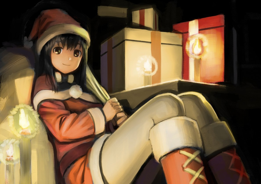 bangs black_eyes black_hair boots candle candlelight commentary_request feet_out_of_frame gift hat leaning_back looking_at_viewer original pantyhose puffy_sleeves sack santa_boots santa_costume santa_hat sitting smile solo wasabi60 white_legwear