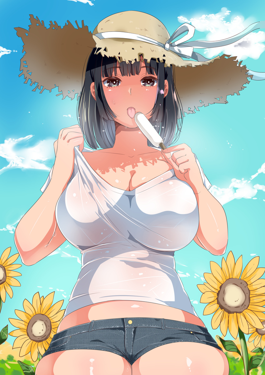 absurdres bare_shoulders black_hair blue_sky breasts brown_eyes cleavage cloud collarbone day flower food hat hat_ribbon highres ice_cream large_breasts long_hair looking_at_viewer looking_down navel original ribbon short_shorts shorts sky solo straw_hat summer sunflower tongue yac_(mokkori)