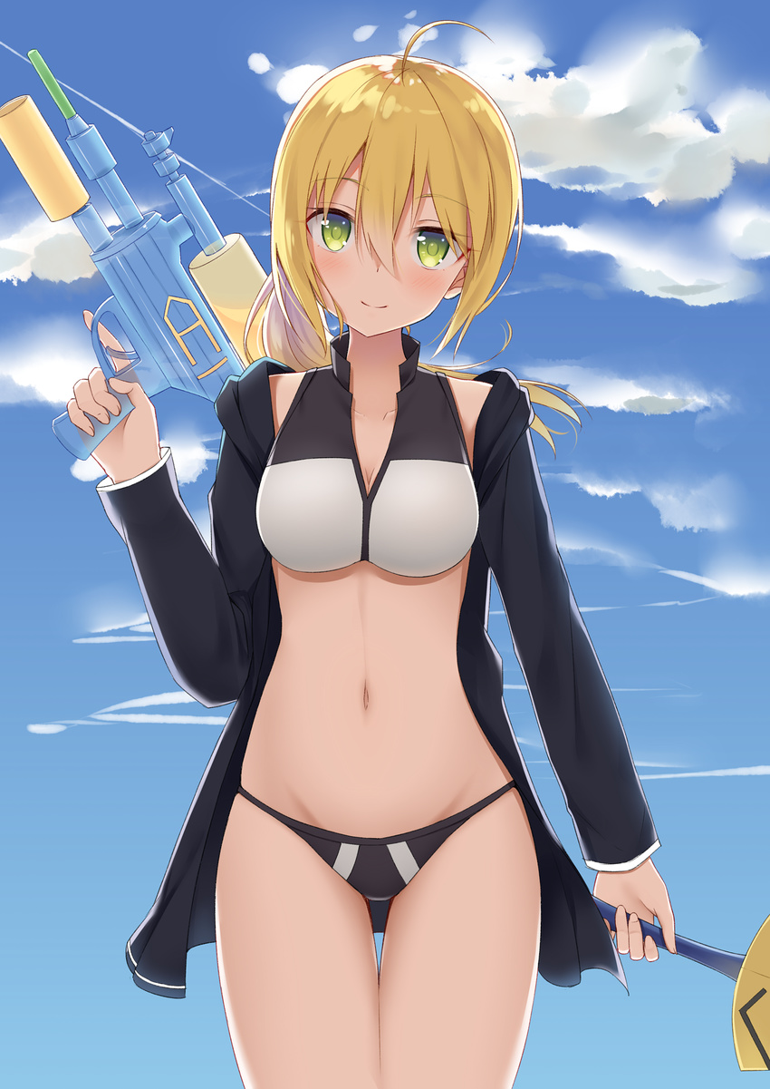 ahoge artoria_pendragon_(all) artoria_pendragon_(swimsuit_archer) black_jacket blonde_hair breasts cleavage cloud cloudy_sky collarbone cowboy_shot day excalibur fate/grand_order fate_(series) green_eyes hair_between_eyes highres holding holding_sword holding_weapon jacket long_hair long_sleeves looking_at_viewer low_ponytail medium_breasts navel open_clothes open_jacket ponytail sky smile solo sports_bikini standing stomach super_soaker swimsuit sword thigh_gap trigger_discipline water_gun weapon yukarite