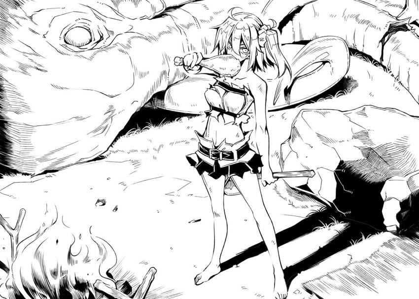 1girl ahoge axe barbarian bare_arms bare_legs bare_shoulders barefoot belt blood bone campfire commentary death dirt empty_eyes fate/grand_order fate_(series) fire food fujimaru_ritsuka_(female) grass greyscale hair_between_eyes mammoth meat miniskirt monochrome navel no_legwear ponytail roasting rock short_hair side_ponytail skirt sleeveless solo_focus stick strapless time_travel toes torn_clothes tubetop tusks weapon