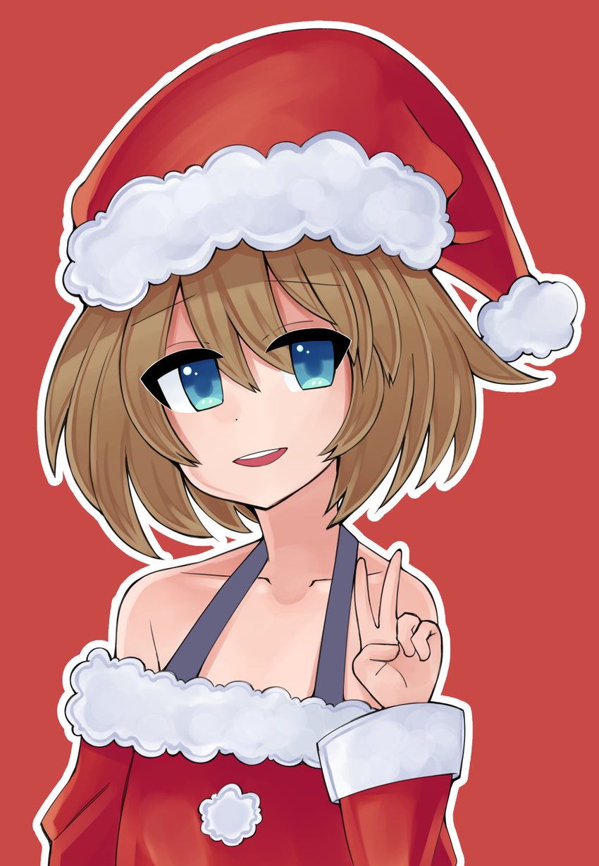 blanc blue_eyes blush breasts brown_hair christmas cleavage collarbone hat highres looking_at_viewer mahruru neptune_(series) open_mouth red_background santa_costume santa_hat shin_jigen_game_neptune_vii short_hair simple_background small_breasts smile upper_body v