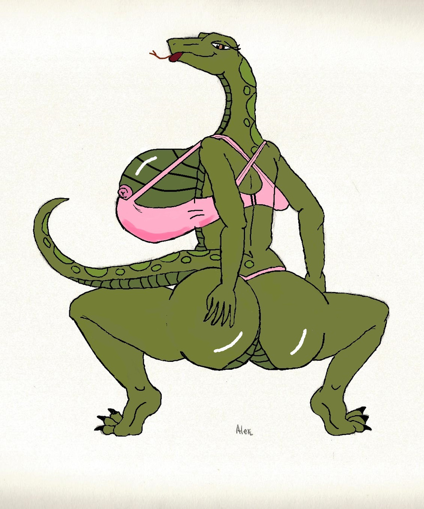 2017 alexl anaconda anaconda_(song) anthro big_breasts big_butt breasts butt clothed clothing digital_media_(artwork) female hi_res huge_breasts hyper looking_at_viewer looking_back nicki_minaj nipples parody reptile scalie simple_background smile snake solo thick_thighs tongue tongue_out underwear wide_hips