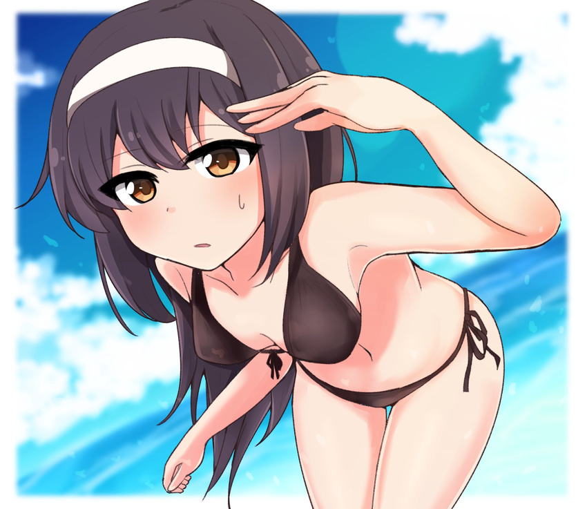 adjusting_hair bangs bikini black_bikini blurry breasts chawan_(yultutari) cloud cloudy_sky commentary_request day depth_of_field front-tie_bikini front-tie_top girls_und_panzer hairband highres leaning_forward long_hair looking_at_viewer medium_breasts outdoors parted_lips reizei_mako side-tie_bikini sky solo standing sweat swimsuit thigh_gap wading white_hairband