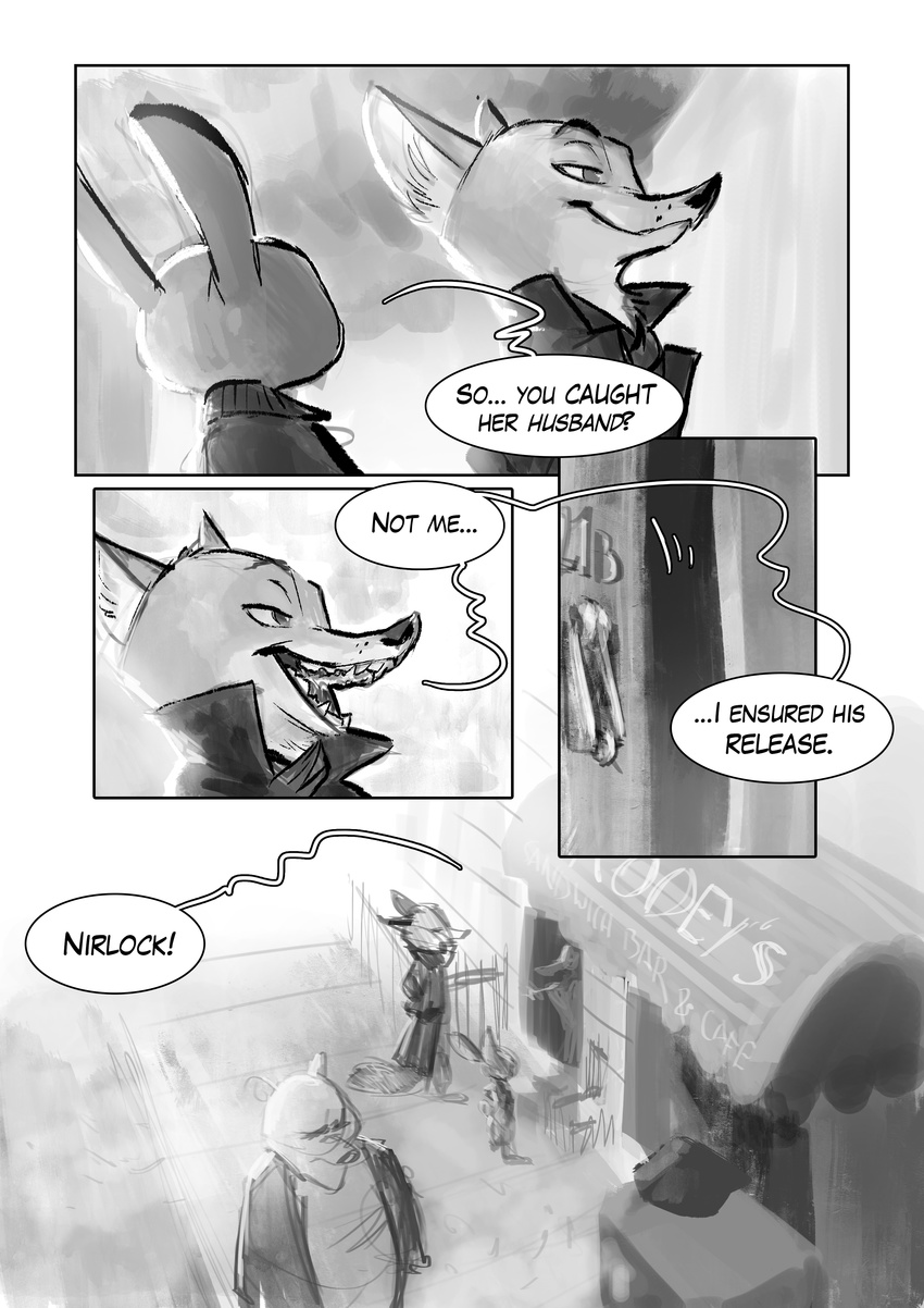 2017 anthro canine clothed clothing comic crossover dialogue dipstick_ears disney duo_focus english_text female fox greyscale group judy_hopps lagomorph male mammal monochrome monoflax nick_wilde rabbit scarf sherlock_(series) text trenchcoat zootopia