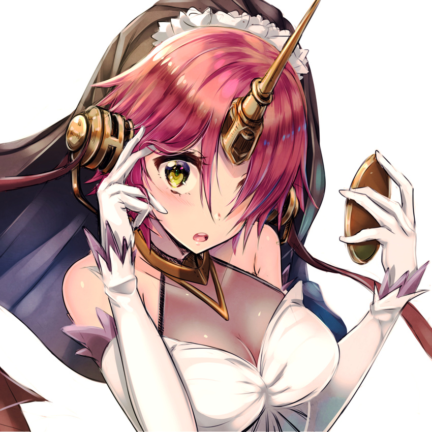 blush breasts cleavage elbow_gloves fate/apocrypha fate_(series) frankenstein's_monster_(fate) gloves hair_over_one_eye highres horn large_breasts looking_at_viewer mappaninatta parted_lips pink_hair short_hair solo teeth upper_body white_gloves yellow_eyes