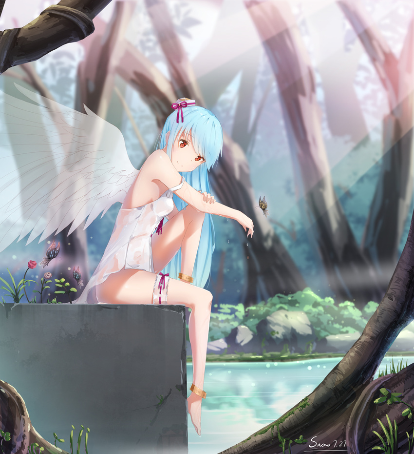 absurdres angel_wings anklet artist_name blue_hair breasts bug butterfly dated eyebrows_visible_through_hair hat hat_ribbon highres insect jewelry long_hair looking_at_viewer orange_eyes pink_ribbon quincy_(zhan_jian_shao_nyu) ribbon sitting small_breasts snow_(676528662) solo wet white_hat wings zhan_jian_shao_nyu