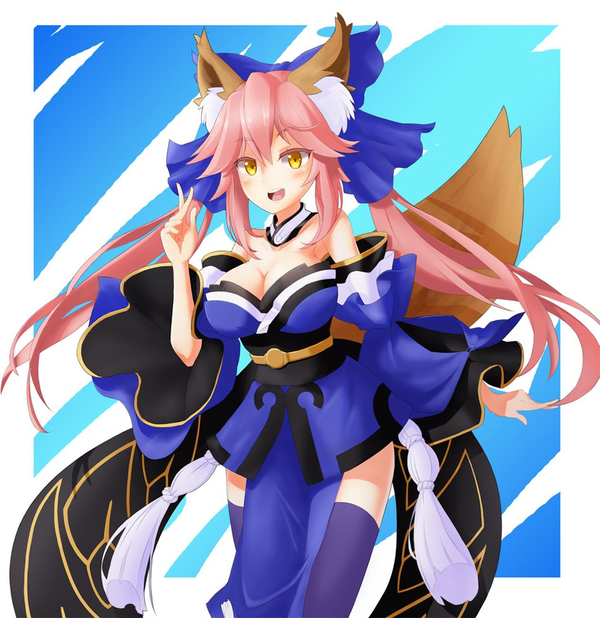 animal_ears bare_shoulders blue_legwear blush breasts cleavage collarbone eyebrows_visible_through_hair fate/extra fate_(series) fox_ears fox_tail highres jpeg_artifacts large_breasts long_hair looking_at_viewer open_mouth pink_hair smile solo tail tamamo_(fate)_(all) tamamo_no_mae_(fate) teeth thighhighs twintails yellow_eyes youl