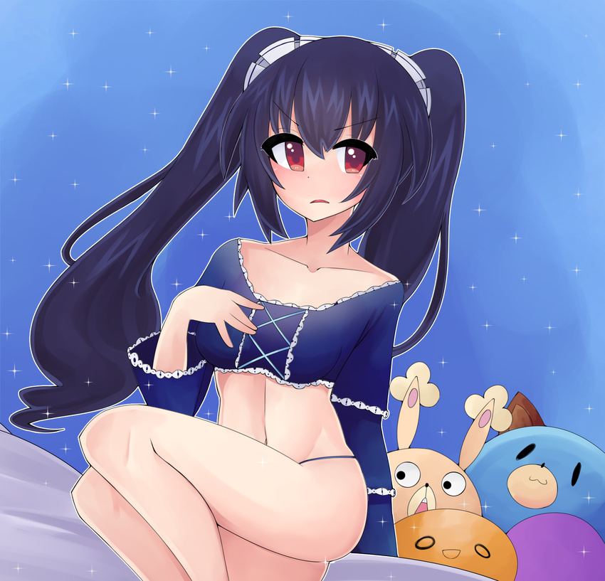 bed black_hair blush breasts cleavage collarbone dogoo highres kami_jigen_game_neptune_v lingerie long_hair looking_back mahruru midriff navel neptune_(series) noire on_bed shiny shiny_hair shiny_skin sitting stomach tied_hair twintails underwear