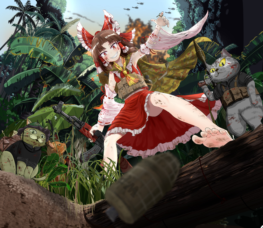 aircraft ak-47 assault_rifle barefoot benikurage blood blood_on_face bloody_clothes blush bow brown_hair cat_shit_one cookie_(touhou) crossover dirty_feet explosive eyebrows_visible_through_hair grenade gun hair_bow hair_tubes hakurei_reimu helicopter highres holding holding_gun holding_weapon jungle load_bearing_equipment looking_at_viewer miura_cat nature pai_kebon_baa palm_tree parted_lips red_bow red_eyes rifle rocket_launcher rpg rpg-7 short_hair smile teeth touhou tree vietnam vietnam_war weapon